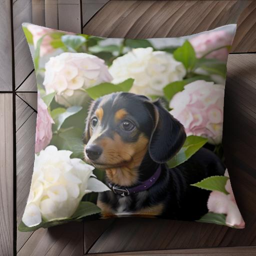 花 ダックスフンド 紫陽花 ピンクの花 白い花 緑の葉 クッションカバー 45×45cm アニマル柄 おしゃれ ..