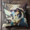サングラス ボーダーコリー 街並み コート ネクタイ クッションカバー 45×45cm アニマル柄 おしゃれ 可愛い クッション本体付き 正方形 犬ファン