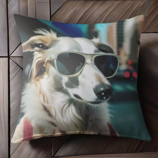 サングラス ボルゾイ マフラー 街の背景 クッションカバー 45×45cm アニマル柄 おしゃれ 可愛い クッション本体付き 正方形 犬ファン