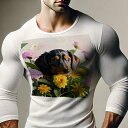 長袖Tシャツ 人間用 メンズ 秋春夏 プリント レジャー アウトドア カジュアル かわいい 犬ファン 花 ダックスフンド 紫陽花 黄色い花