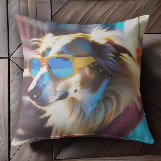 サングラス コリー 街 おしゃれ 明るい クッションカバー 45×45cm アニマル柄 可愛い クッション本体付き 正方形 犬ファン