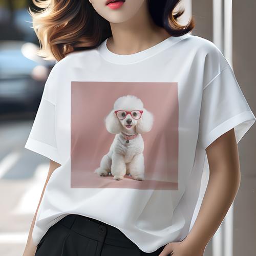 Tシャツ レディース 犬ファン 半袖 春夏 犬柄 プリント カジュアル かわいい 人間用 フィットネス ダンス メガネ プードル 首輪 ピンク背景
