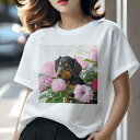 Tシャツ レディース 犬ファン 半袖 春夏 犬柄 プリント カジュアル かわいい 人間用 フィットネス ダンス 花 ダックスフント ピンク 自然