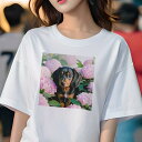 Tシャツ レディース 犬ファン 半袖 春夏 犬柄 プリント カジュアル かわいい 人間用 フィットネス ダンス ピンクのアジサイ ダックスフンド 緑の葉(4)