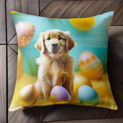 イースターエッグ ゴールデンレトリーバー 黄色の背景 春 クッションカバー 45×45cm アニマル柄 おしゃれ 可愛い クッション本体付き 正方形 犬ファン