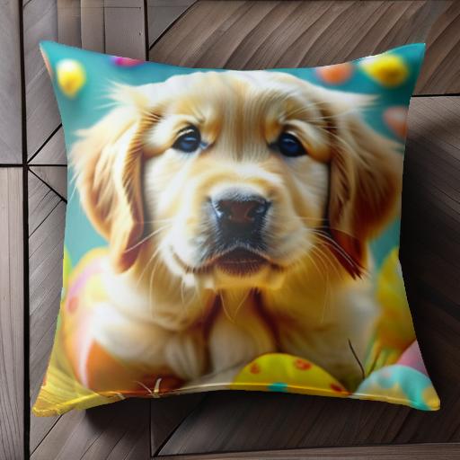 イースターエッグ ゴールデンレトリバー 藁 カラフル クッションカバー 45×45cm アニマル柄 おしゃれ 可愛い クッション本体付き 正方形 犬ファン