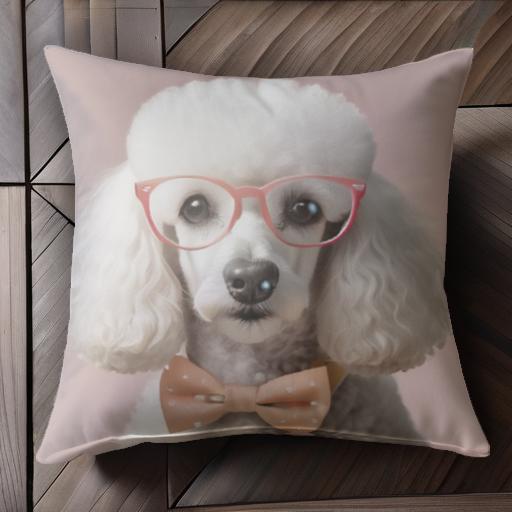 眼鏡 プードル 蝶ネクタイ 可愛い スタイリッシュ ピンク背景 クッションカバー 45×45cm アニマル柄 おしゃれ クッション本体付き 正方形 犬ファン