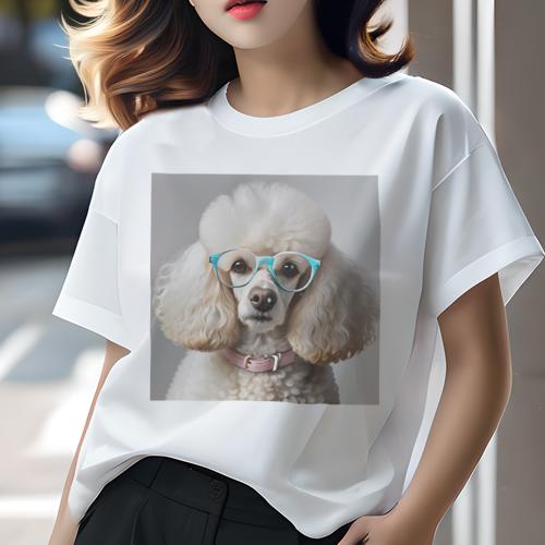 Tシャツ レディース 犬ファン 半袖 春夏 犬柄 プリント カジュアル かわいい 人間用 フィットネス ダンス 眼鏡 プードル ピンクの首輪