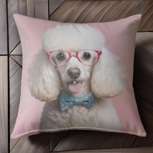 眼鏡 プードル 蝶ネクタイ かわいい おしゃれ ピンクの背景 クッションカバー 45×45cm アニマル柄 可愛い クッション本体付き 正方形 犬ファン