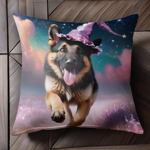 魔法の帽子 ジャーマンシェパードドッグ 星空 夢のような風景 犬のファンタジー クッションカバー 45×45cm アニマル柄 おしゃれ 可愛い クッション本体付き 正方形 犬ファン