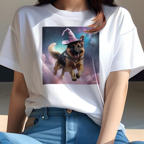 Tシャツ レディース 犬ファン 半袖 春夏 犬柄 プリント カジュアル かわいい 人間用 フィットネス ダンス 魔法使いの帽子 ジャーマンシェパードドッグ 星 夜空 雲