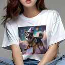 Tシャツ レディース 犬ファン 半袖 春夏 犬柄 プリント カジュアル かわいい 人間用 フィットネス ダンス 魔女の帽子 ジャーマンシェパード ハート 星 雲 空