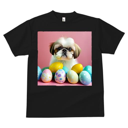 Tシャツ メンズ キッズ 犬ファン 半袖 春夏 犬柄 プリント カジュアル かわいい 人間用 フィットネス ダンス イースターエッグ シーズー ピンクの背景 可愛い パステルカラー 春