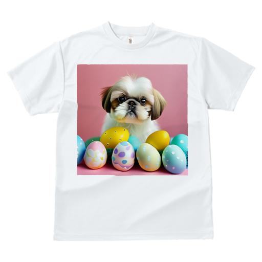 Tシャツ メンズ キッズ 犬ファン 半袖 春夏 犬柄 プリント カジュアル かわいい 人間用 フィットネス ダンス イースターエッグ シーズー ピンクの背景 可愛い パステルカラー 春