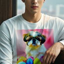 長袖Tシャツ 人間用 メンズ 秋春夏 プリント レジャー アウトドア カジュアル かわいい 犬ファン イースターエッグ シーズー カラフル 花 ピンク背景 祝日