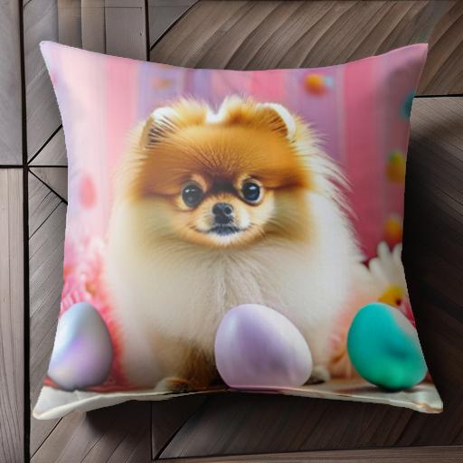イースターエッグ ポメラニアン 花 パステルカラー ボーダー背景 クッションカバー 45×45cm アニマル柄..