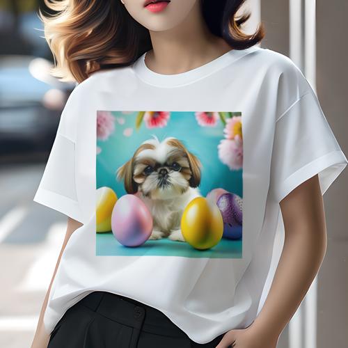 Tシャツ レディース 犬ファン 半袖 春夏 犬柄 プリント カジュアル かわいい 人間用 フィットネス ダンス 卵 イースター シーズー 花
