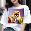 Tシャツ メンズ キッズ 犬ファン 半袖 春夏 犬柄 プリント カジュアル かわいい 人間用 フィットネス ダンス イースターエッグ ポメラニアン ひまわり 紫色の背景