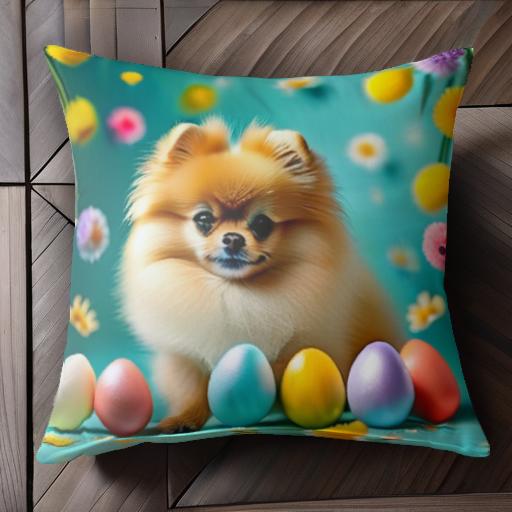 カラフルな卵 イースター ポメラニアン 花 春のイメージ 幸せ クッションカバー 45×45cm アニマル柄 おしゃれ 可愛い クッション本体付き 正方形 犬ファン