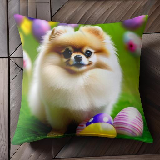 卵 イースター ポメラニアン 芝生 カラフル 春 クッションカバー 45×45cm アニマル柄 おしゃれ 可愛い クッション本体付き 正方形 犬ファン