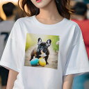 Tシャツ レディース 犬ファン 半袖 春夏 犬柄 プリント カジュアル かわいい 人間用 フィットネス ダンス たまご イースター フレンチブルドッグ 草 花