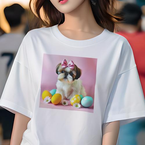 Tシャツ レディース 犬ファン 半袖 春夏 犬柄 プリント カジュアル かわいい 人間用 フィットネス ダンス リボン シーズー イースターエッグ 花