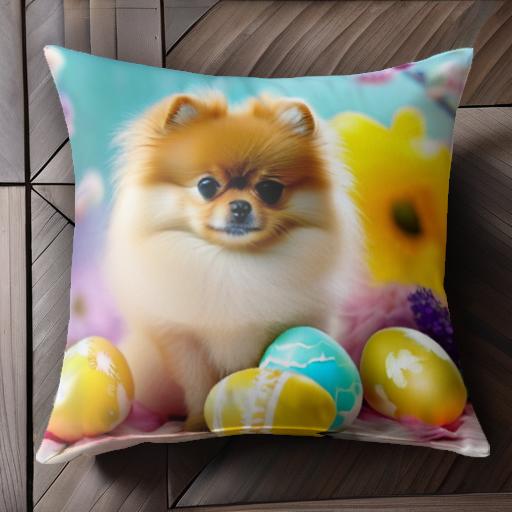 イースターエッグ ポメラニアン 花 フラワーアレンジメント 春 クッションカバー 45×45cm アニマル柄 ..