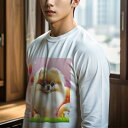 長袖Tシャツ 人間用 メンズ 秋春夏 プリント レジャー アウトドア カジュアル かわいい 犬ファン チューリップ ポメラニアン イースターエッグ 芝生 春