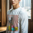 長袖Tシャツ 人間用 メンズ 秋春夏 プリント レジャー アウトドア カジュアル かわいい 犬ファン たまご イースター フレンチブルドッグ ひまわり