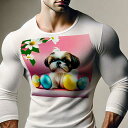 長袖Tシャツ 人間用 メンズ 秋春夏 プリント レジャー アウトドア カジュアル かわいい 犬ファン 花 シーズー イースターエッグ ピンクの背景