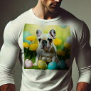 長袖Tシャツ 人間用 メンズ 秋春夏 プリント レジャー アウトドア カジュアル かわいい 犬ファン 黄色い花 フレンチブルドッグ カラフルなイースターエッグ 緑の草