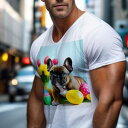 Tシャツ メンズ キッズ 犬ファン 半袖 春夏 犬柄 プリント カジュアル かわいい 人間用 フィットネス ダンス イースターエッグ フレンチブルドッグ チューリップ 花