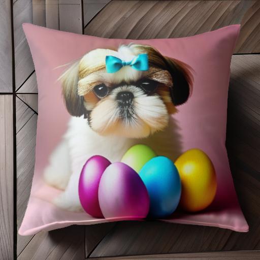青いリボン シーズー カラフルな卵 イースター ピンクの背景 クッションカバー 45×45cm アニマル柄 おしゃれ 可愛い クッション本体付き 正方形 犬ファン