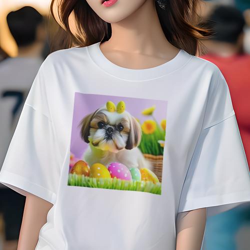 Tシャツ レディース 犬ファン 半袖 春夏 犬柄 プリント カジュアル かわいい 人間用 フィットネス ダンス イースターエッグ シーズー 草 花 バスケット Tシャツ レディース 犬ファン 半袖 春夏 犬柄 プリント カジュアル かわいい 人間用 フィットネス ダンス イースターエッグ シーズー 草 花 バスケット