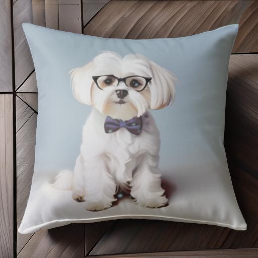 眼鏡 マルチーズ 蝶ネクタイ クッションカバー 45×45cm アニマル柄 おしゃれ 可愛い クッション本体付き 正方形 犬ファン