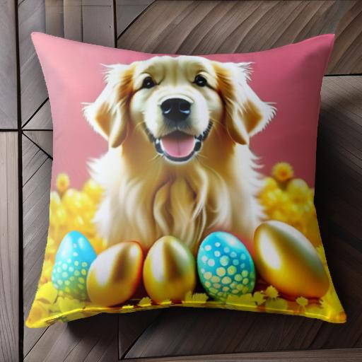 黄色い花 ゴールデンレトリバー カラフルな卵 ピンクの背景 クッションカバー 45×45cm アニマル柄 おしゃれ 可愛い クッション本体付き 正方形 犬ファン 黄色い花 ゴールデンレトリバー カラフルな卵 ピンクの背景 クッションカバー 45×45cm アニマル柄 おしゃれ 可愛い クッション本体付き 正方形 犬ファン
