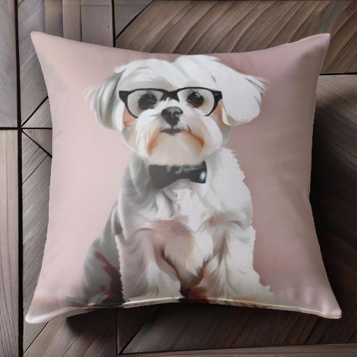メガネ マルチーズ 蝶ネクタイ ピンクの背景 クッションカバー 45×45cm アニマル柄 おしゃれ 可愛い クッション本体付き 正方形 犬ファン