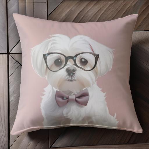 メガネ マルチーズ 蝶ネクタイ ピンクの背景 クッションカバー 45×45cm アニマル柄 おしゃれ 可愛い クッション本体付き 正方形 犬ファン