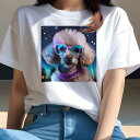 Tシャツ レディース 犬ファン 半袖 春夏 犬柄 プリント カジュアル かわいい 人間用 フィットネス ダンス サングラス プードル 夜空 星 ネオン 襟巻き(4)