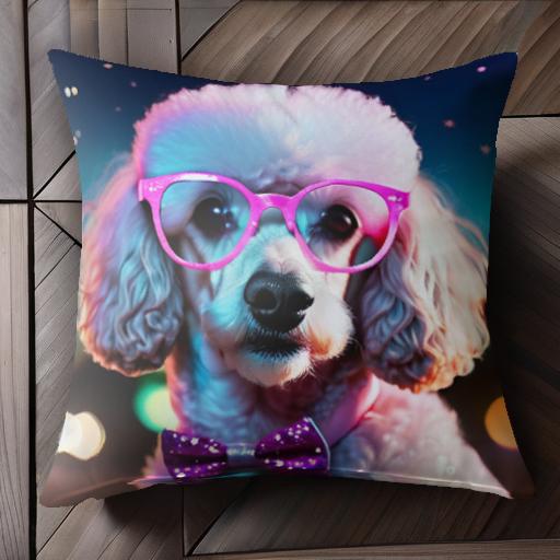 星 プードル ピンク色の眼鏡 紫色の蝶ネクタイ クッションカバー 45×45cm アニマル柄 おしゃれ 可愛い クッション本体付き 正方形 犬ファン