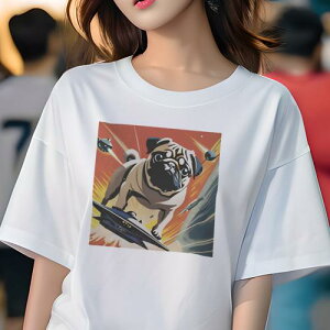 Tシャツ レディース 犬ファン 半袖 春夏 犬柄 プリント カジュアル かわいい 人間用 フィットネス ダンス 宇宙船 パグ 宇宙 爆発 レトロ 漫画