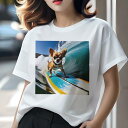Tシャツ レディース 犬ファン 半袖 春夏 犬柄 プリント カジュアル かわいい 人間用 フィットネス ダンス サーフィン チワワ ビーチ 波 かわいい 楽しい(4)