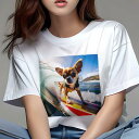 Tシャツ レディース 犬ファン 半袖 春夏 犬柄 プリント カジュアル かわいい 人間用 フィットネス ダンス サーフィン チワワ 海 波 青空 ボード(4)