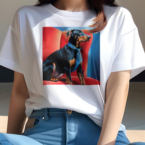 Tシャツ レディース 犬ファン 半袖 春夏 犬柄 プリント カジュアル かわいい 人間用 フィットネス ダンス 青色のネクタイ ドーベルマン 赤い椅子 Tシャツ レディース 犬ファン 半袖 春夏 犬柄 プリント カジュアル かわいい 人間用 フィットネス ダンス 青色のネクタイ ドーベルマン 赤い椅子