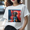 Tシャツ レディース 犬ファン 半袖 春夏 犬柄 プリント カジュアル かわいい 人間用 フィットネス ダンス 赤いソファ ドーベルマン 青いネクタイ 青い背景(4)