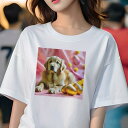 Tシャツ レディース 犬ファン 半袖 春夏 犬柄 プリント カジュアル かわいい 人間用 フィットネス ダンス たまご ゴールデンレトリバー 花 ピンクの背景