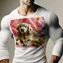 長袖Tシャツ 人間用 メンズ 秋春夏 プリント レジャー アウトドア カジュアル かわいい 犬ファン たまご ゴールデンレトリバー 花 ピンクの背景