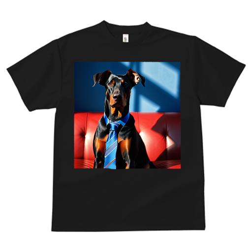 Tシャツ レディース 犬ファン 半袖 春夏 犬柄 プリント カジュアル かわいい 人間用 フィットネス ダンス ネクタイ ドーベルマン ソファ 青い背景 赤いソファ