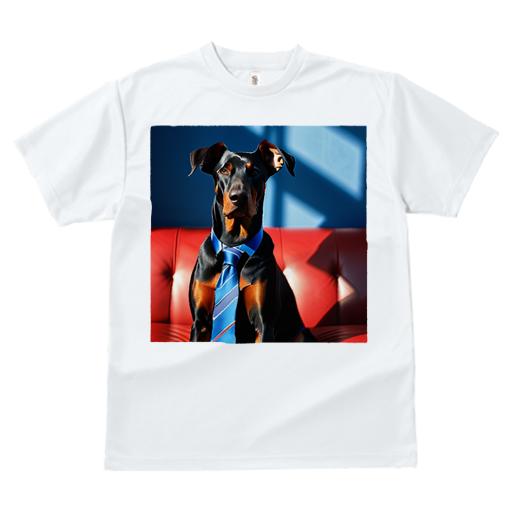 Tシャツ レディース 犬ファン 半袖 春夏 犬柄 プリント カジュアル かわいい 人間用 フィットネス ダンス ネクタイ ドーベルマン ソファ 青い背景 赤いソファ