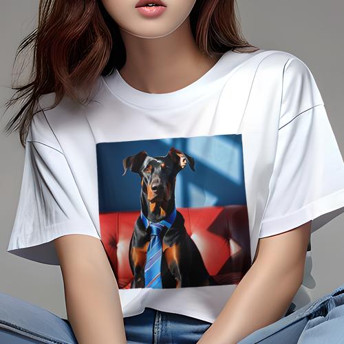 Tシャツ レディース 犬ファン 半袖 春夏 犬柄 プリント カジュアル かわいい 人間用 フィットネス ダンス ネクタイ ドーベルマン ソファ 青い背景 赤いソファ
